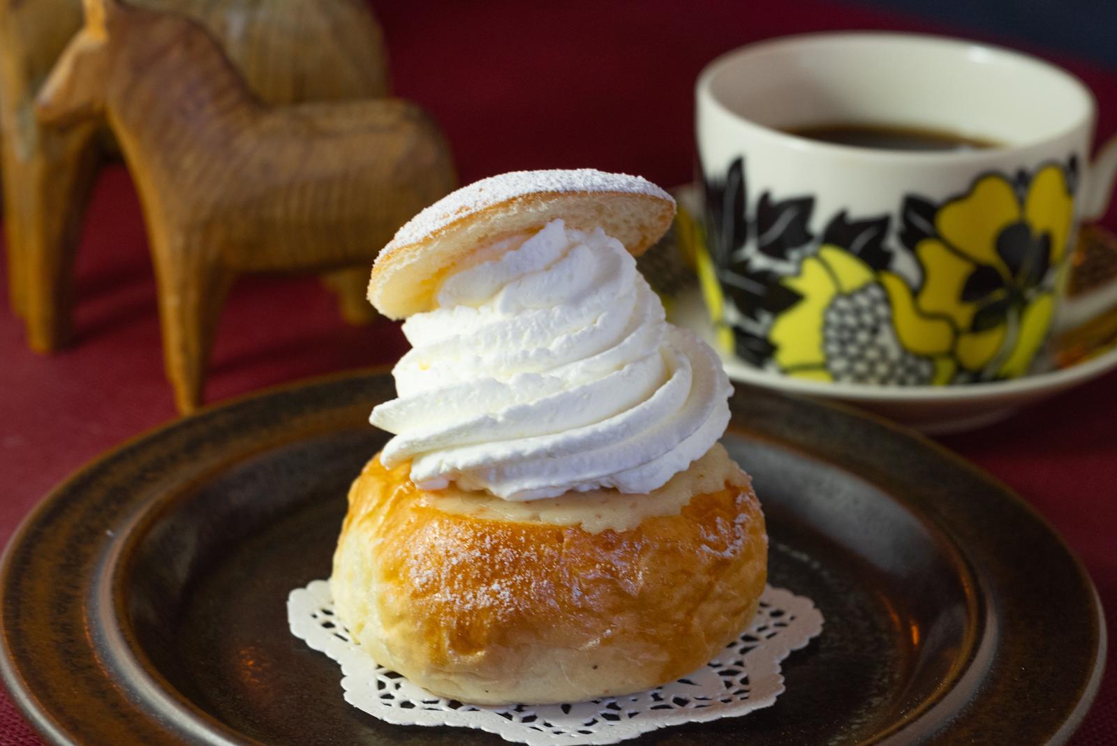 A semla cardamom bun, traditionally eaten in Sweden in early spring.