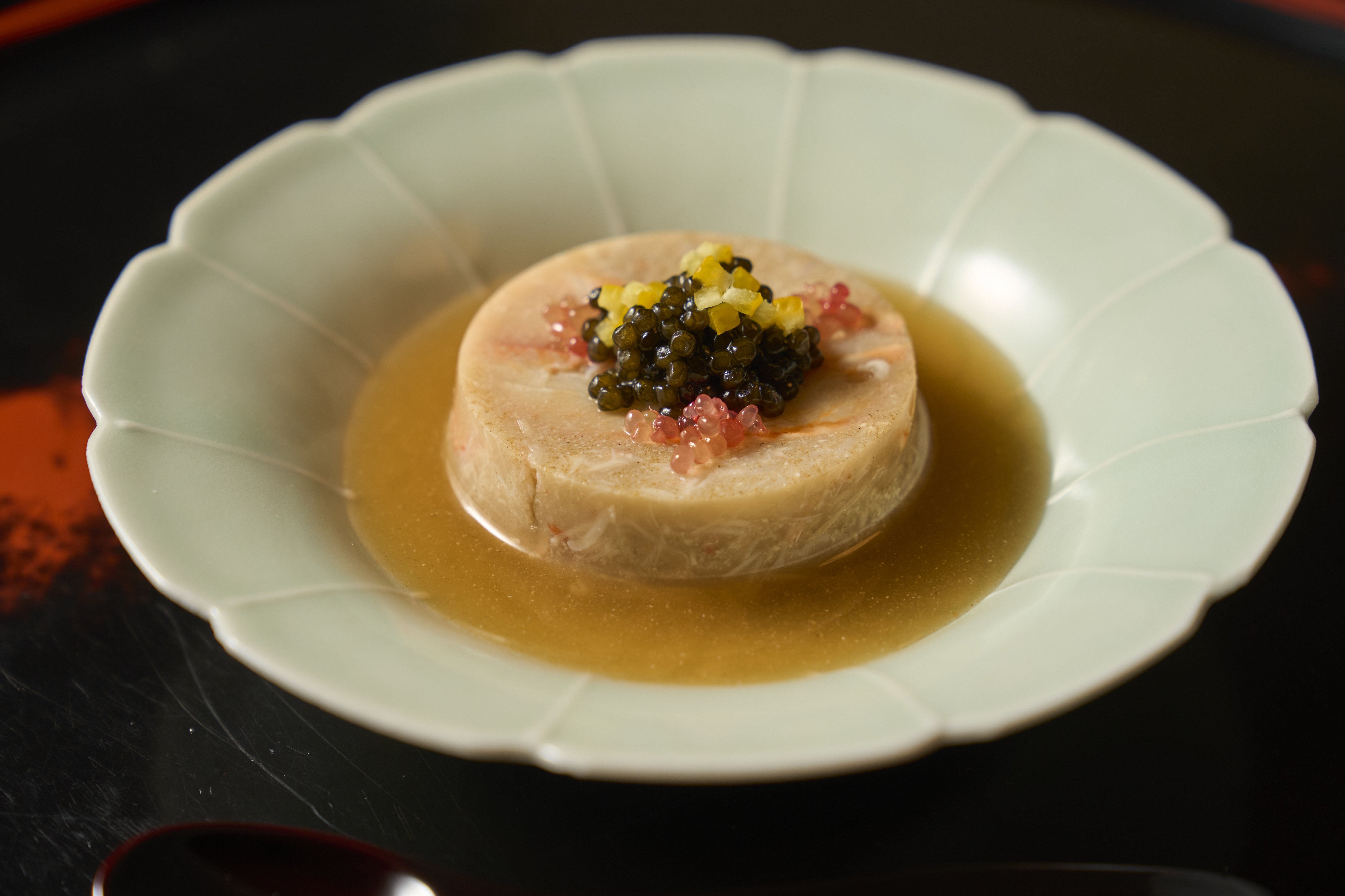 The sunomono dish: red snow crab topped with caviar