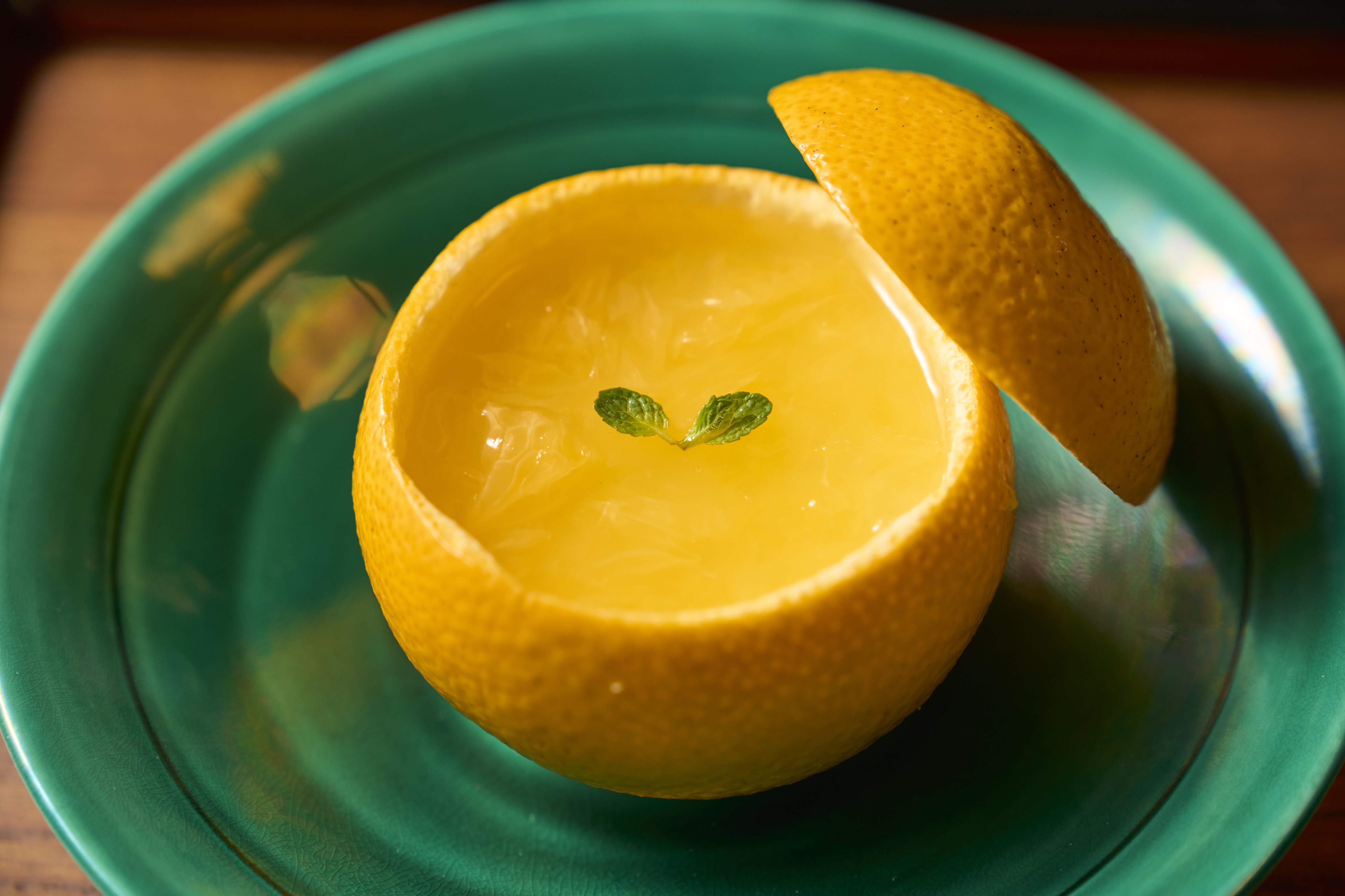 The mizumono dish: hassaku citrus almond tofu for dessert