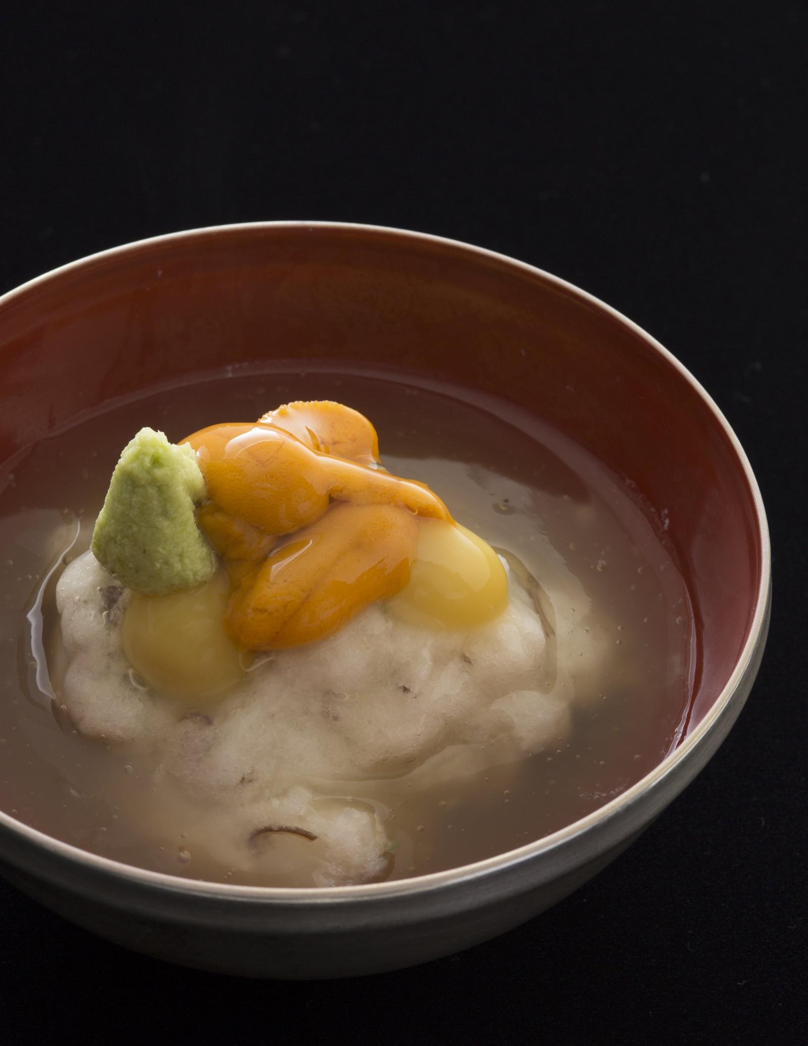  The futamono dish: Steamed tilefish with turnip cake, lily bulb, ginkgo nuts, wood ear mushrooms, urchin, and wasabi.