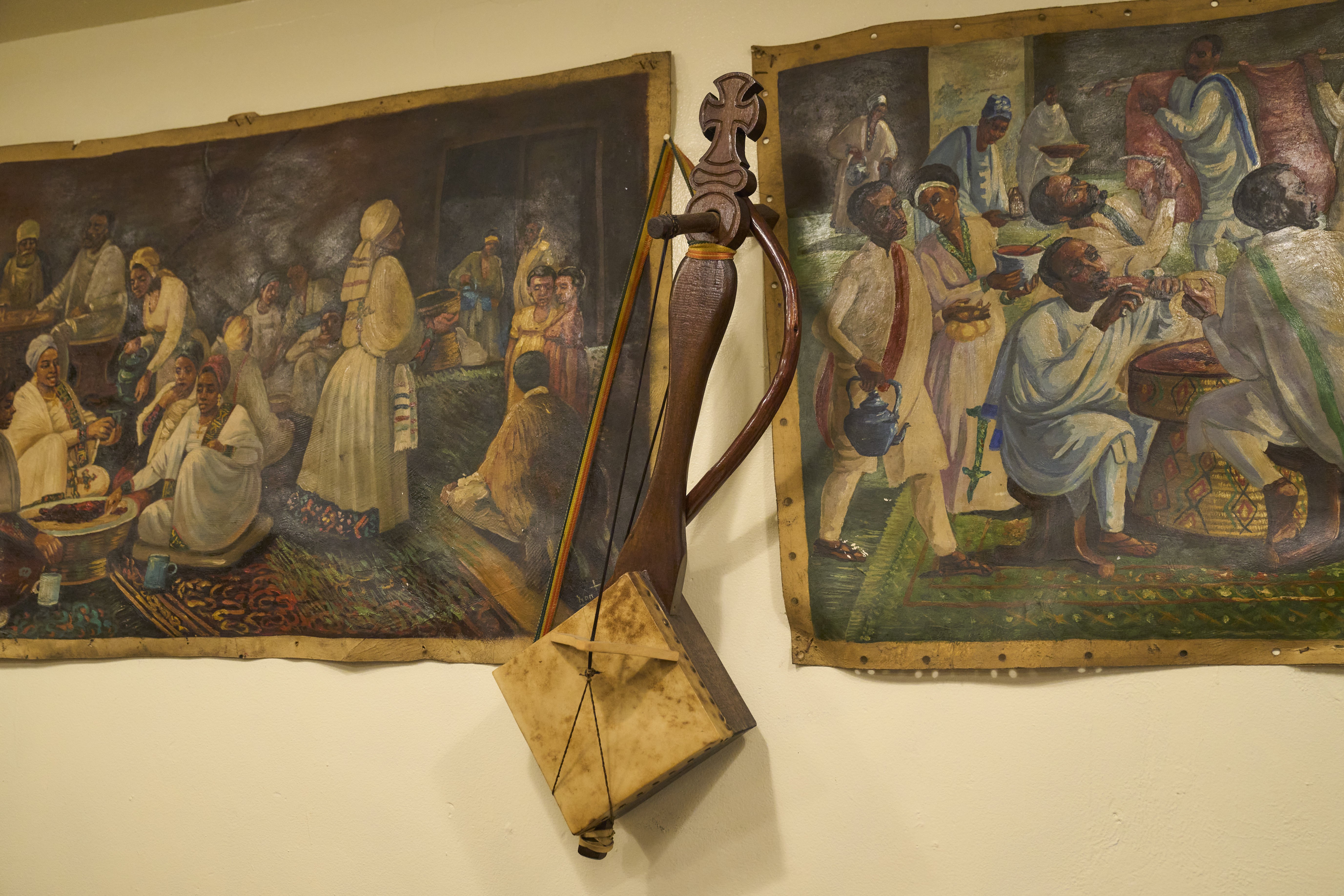The restaurant displays paintings and musical instruments Solomon purchased in Ethiopia.